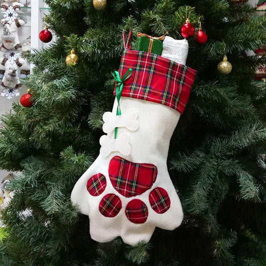Dog Paw Christmas Stockings, Plush & Plaid Hanging Socks for Holiday and Christmas Decorations, Red