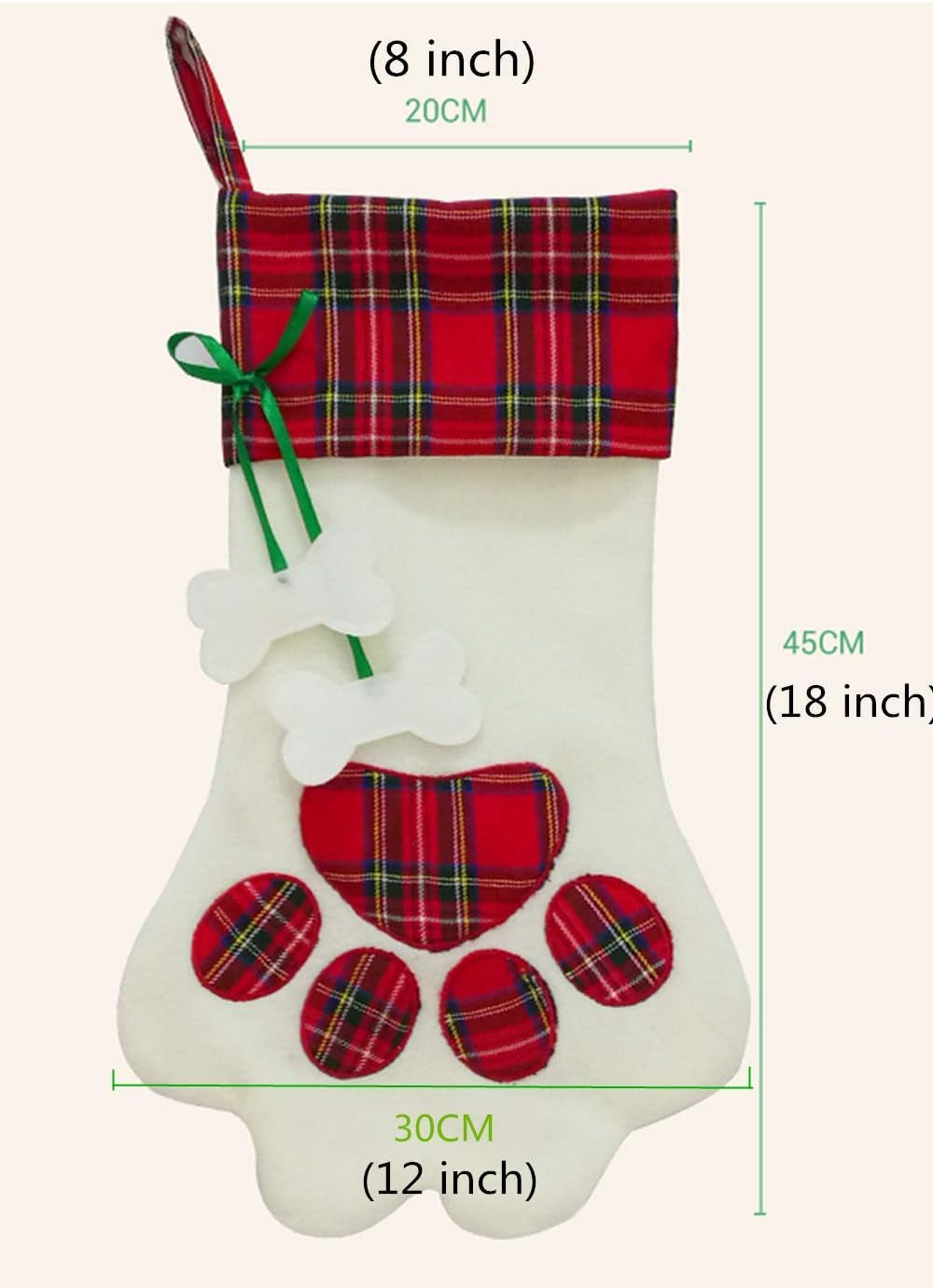 Dog Paw Christmas Stockings, Plush & Plaid Hanging Socks for Holiday and Christmas Decorations, Red